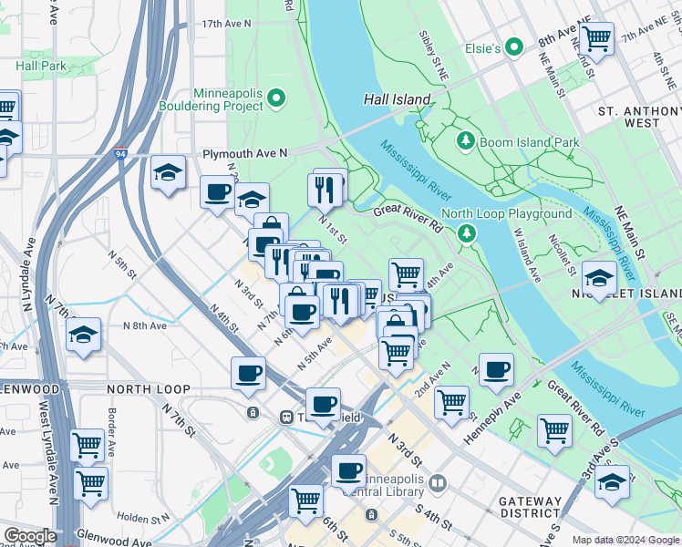 map of restaurants, bars, coffee shops, grocery stores, and more near 600 North 2nd Avenue in Minneapolis