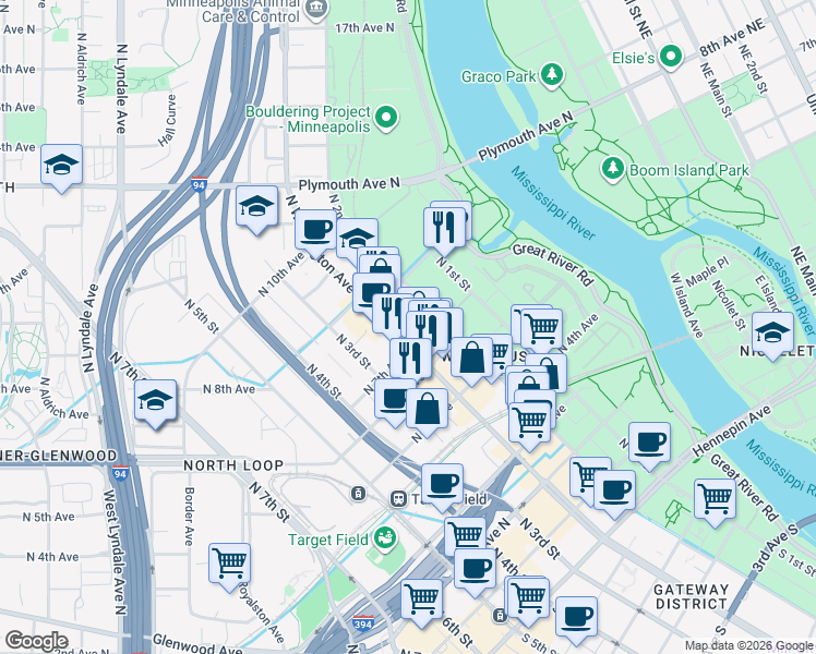 map of restaurants, bars, coffee shops, grocery stores, and more near 616 North Washington Avenue in Minneapolis