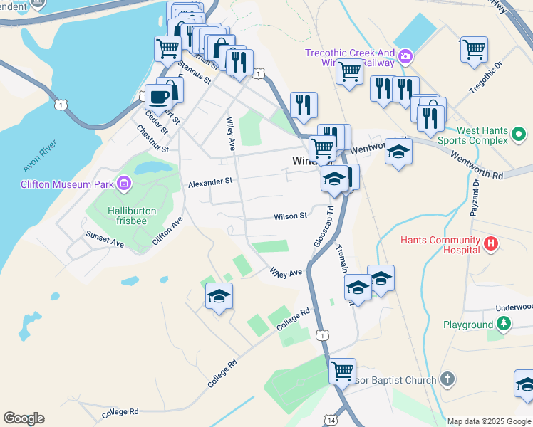 map of restaurants, bars, coffee shops, grocery stores, and more near 417 Wilson Street in Windsor