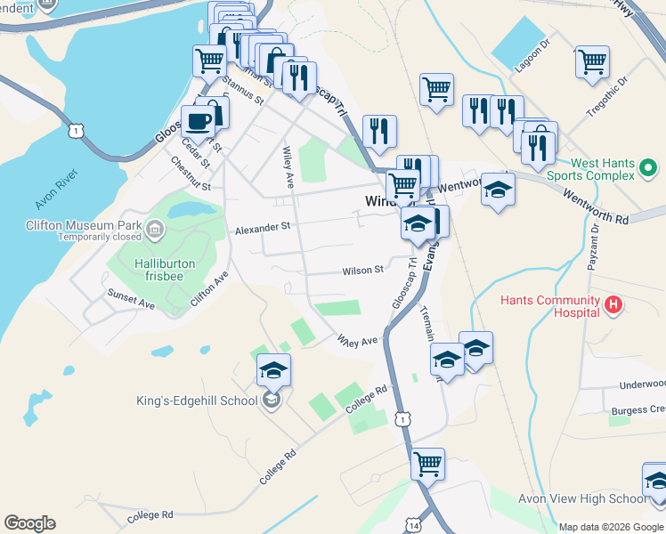 map of restaurants, bars, coffee shops, grocery stores, and more near 417 Wilson Street in Windsor