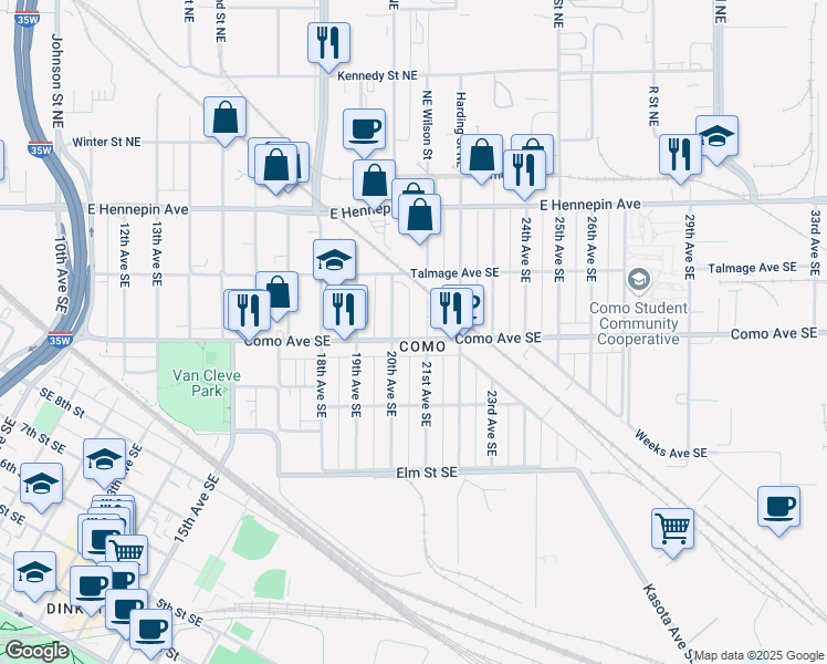 map of restaurants, bars, coffee shops, grocery stores, and more near 2015 Como Avenue Southeast in Minneapolis