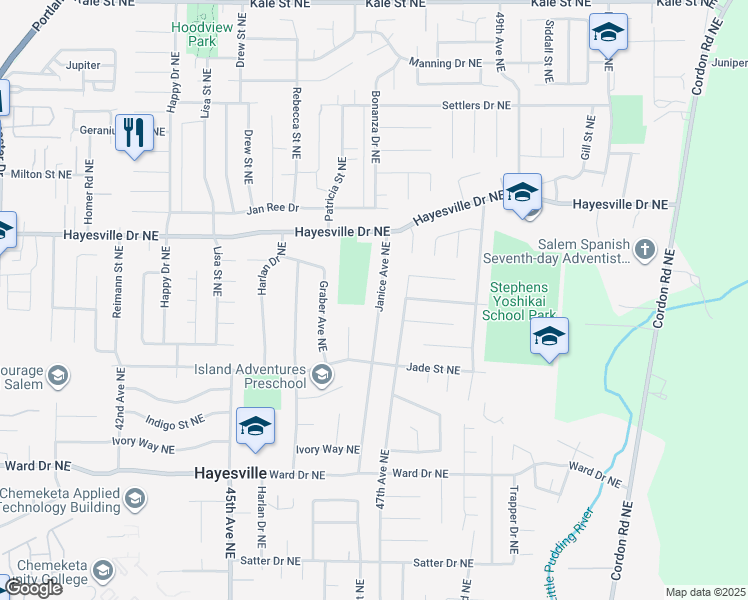 map of restaurants, bars, coffee shops, grocery stores, and more near 4615 Janice Avenue Northeast in Salem