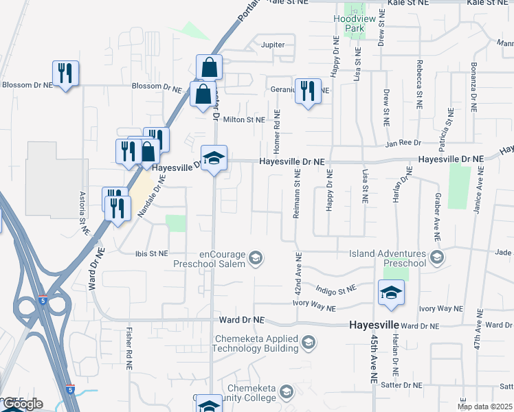 map of restaurants, bars, coffee shops, grocery stores, and more near 4618 Treeside Drive Northeast in Salem