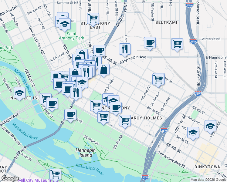 map of restaurants, bars, coffee shops, grocery stores, and more near 300 6th Street Southeast in Minneapolis
