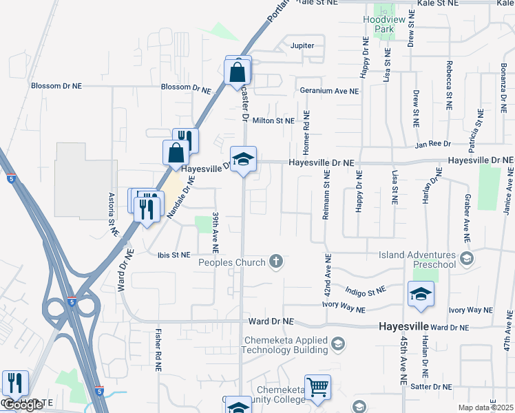 map of restaurants, bars, coffee shops, grocery stores, and more near 4607 Treeside Drive Northeast in Salem
