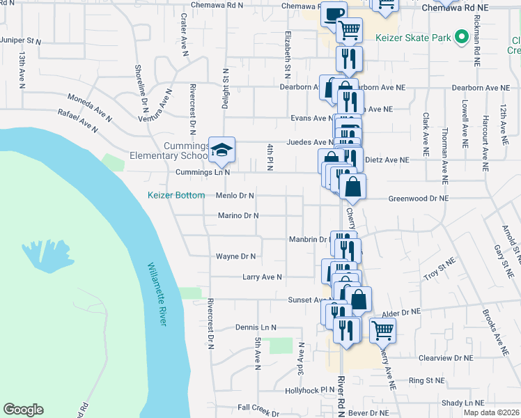 map of restaurants, bars, coffee shops, grocery stores, and more near 485 Marino Drive North in Keizer