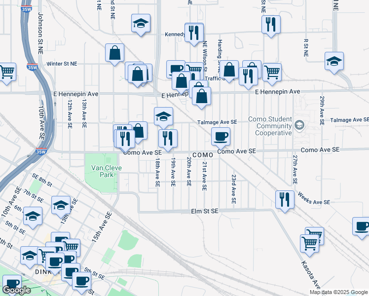 map of restaurants, bars, coffee shops, grocery stores, and more near 1000 19th Avenue Southeast in Minneapolis