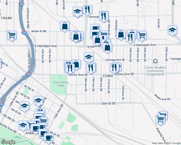 map of restaurants, bars, coffee shops, grocery stores, and more near 1000 18th Avenue Southeast in Minneapolis