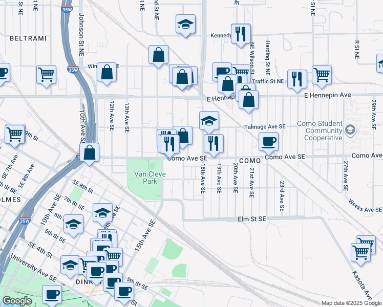 map of restaurants, bars, coffee shops, grocery stores, and more near 1703 Como Avenue Southeast in Minneapolis