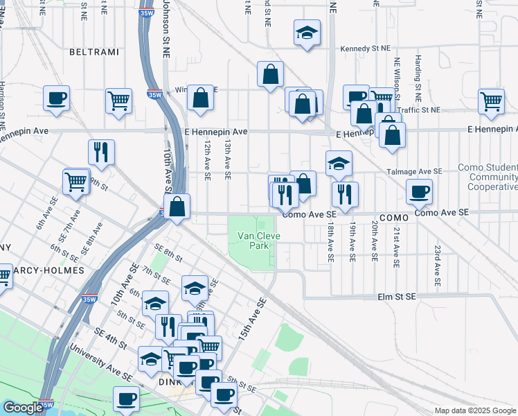 map of restaurants, bars, coffee shops, grocery stores, and more near 1005 15th Avenue Southeast in Minneapolis