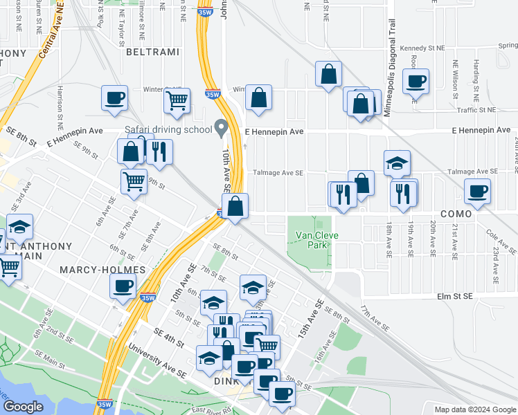 map of restaurants, bars, coffee shops, grocery stores, and more near 1100c Como Avenue Southeast in Minneapolis