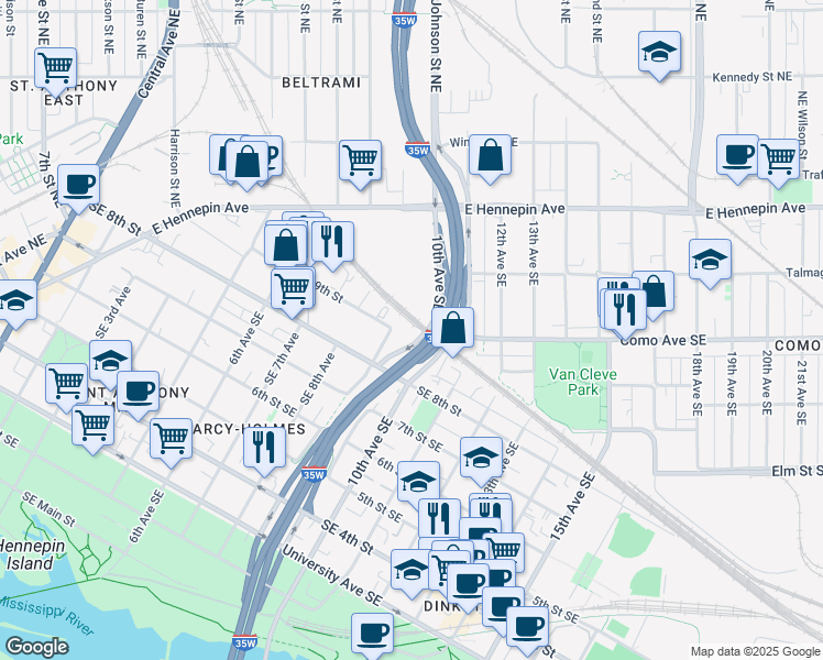 map of restaurants, bars, coffee shops, grocery stores, and more near 816 Southeast 9th Avenue in Minneapolis