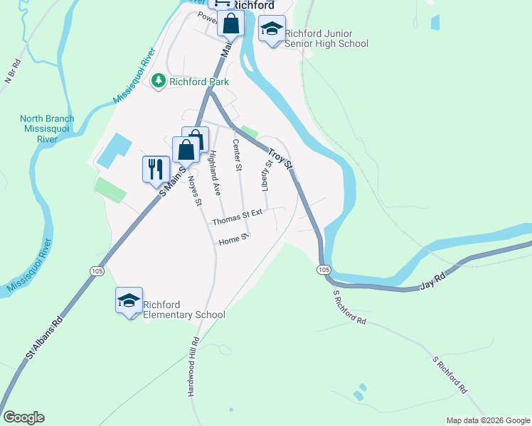 map of restaurants, bars, coffee shops, grocery stores, and more near 92 Thomas Street Extension in Richford