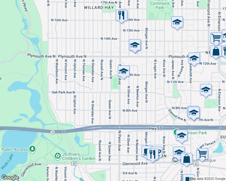 map of restaurants, bars, coffee shops, grocery stores, and more near 1004 Queen Avenue North in Minneapolis