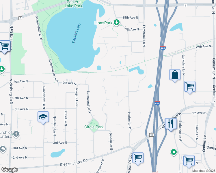 map of restaurants, bars, coffee shops, grocery stores, and more near 820 Kingsview Lane North in Plymouth