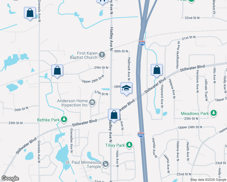 map of restaurants, bars, coffee shops, grocery stores, and more near 2757 Hadley Avenue North in Oakdale