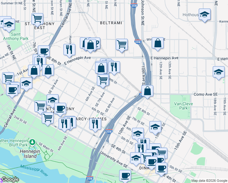 map of restaurants, bars, coffee shops, grocery stores, and more near 729 Southeast 8th Street in Minneapolis