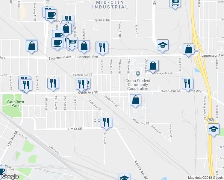 map of restaurants, bars, coffee shops, grocery stores, and more near 2501 Como Avenue Southeast in Minneapolis