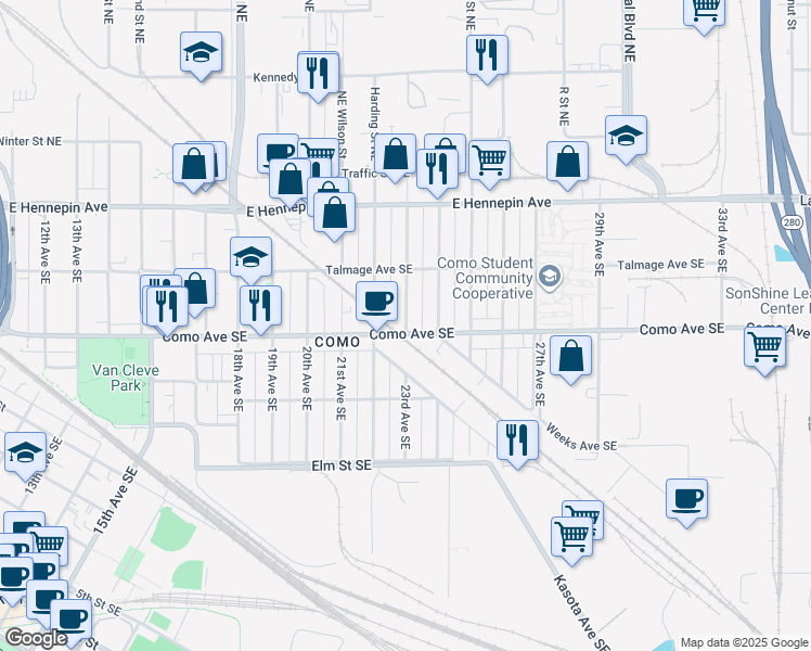 map of restaurants, bars, coffee shops, grocery stores, and more near 1005 23rd Avenue Southeast in Minneapolis