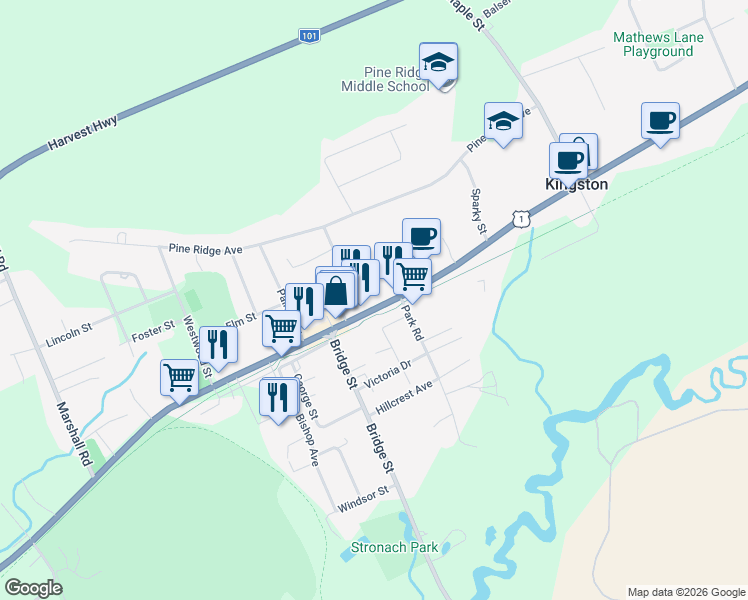 map of restaurants, bars, coffee shops, grocery stores, and more near 635 Main Street in Kingston