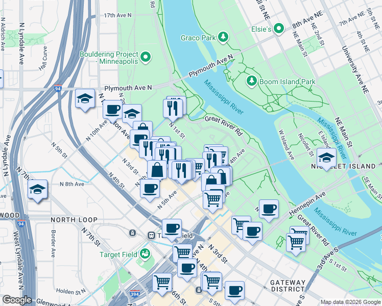 map of restaurants, bars, coffee shops, grocery stores, and more near 600 North 2nd Avenue in Minneapolis