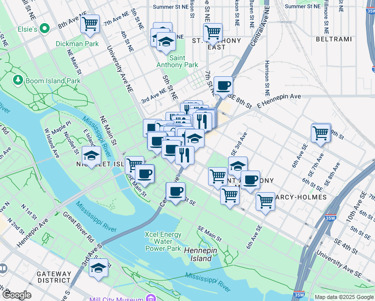 map of restaurants, bars, coffee shops, grocery stores, and more near 400 Central Avenue Southeast in Minneapolis