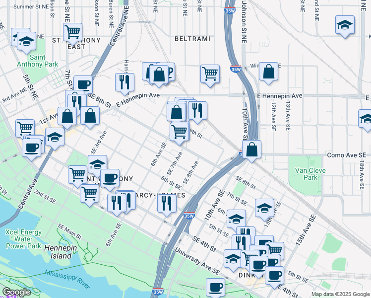 map of restaurants, bars, coffee shops, grocery stores, and more near 707 Southeast 8th Street in Minneapolis