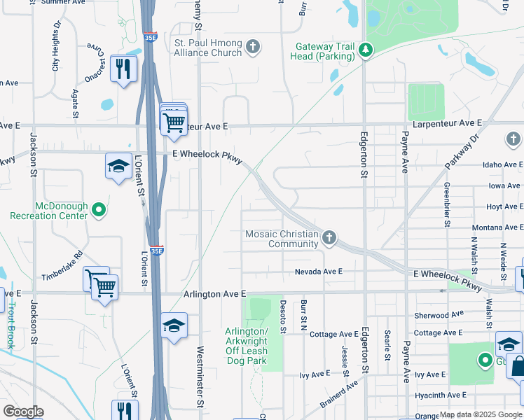 map of restaurants, bars, coffee shops, grocery stores, and more near 430 Hoyt Avenue East in Saint Paul