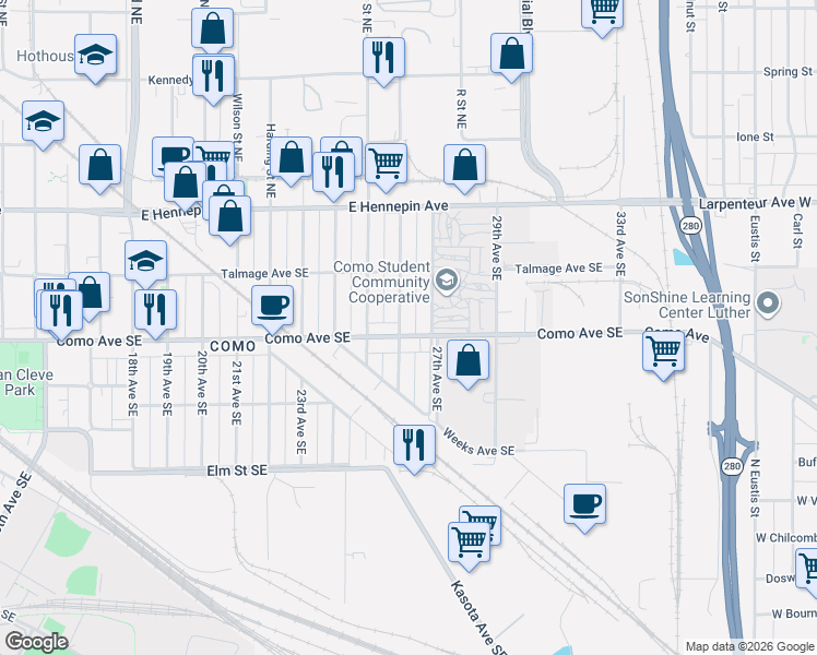 map of restaurants, bars, coffee shops, grocery stores, and more near 2608 Como Avenue Southeast in Minneapolis