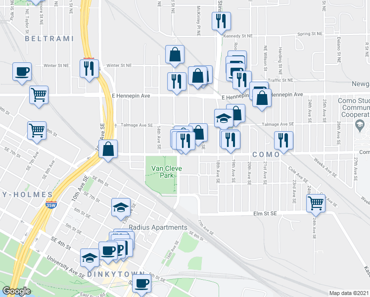 map of restaurants, bars, coffee shops, grocery stores, and more near 1523 Como Avenue Southeast in Minneapolis