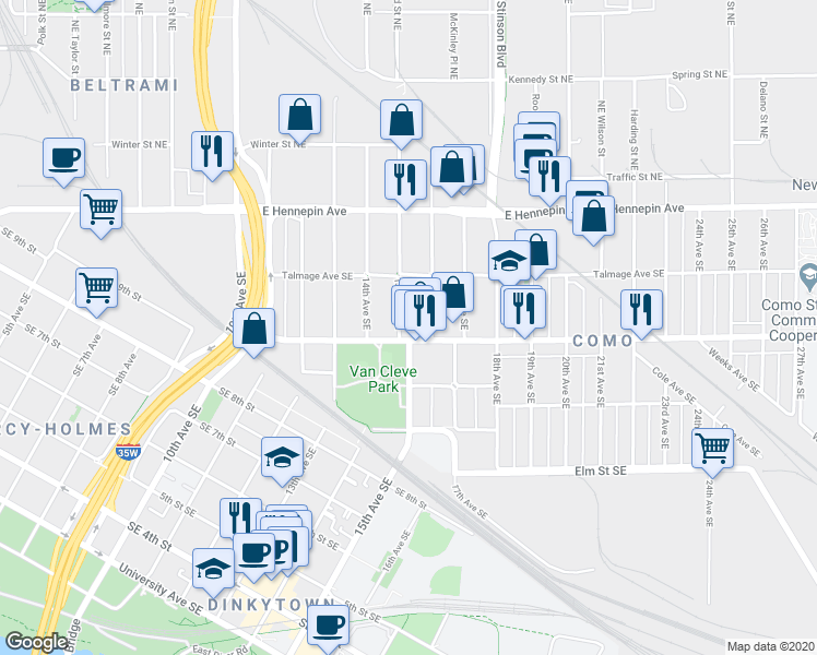 map of restaurants, bars, coffee shops, grocery stores, and more near 1005 15th Avenue Southeast in Minneapolis