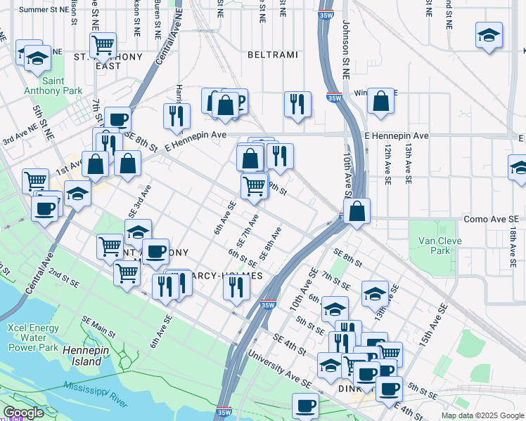 map of restaurants, bars, coffee shops, grocery stores, and more near 729 Southeast 8th Street in Minneapolis