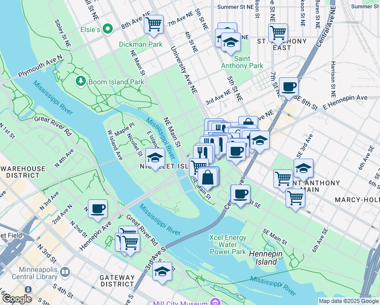 map of restaurants, bars, coffee shops, grocery stores, and more near 100 1st Avenue Northeast in Minneapolis