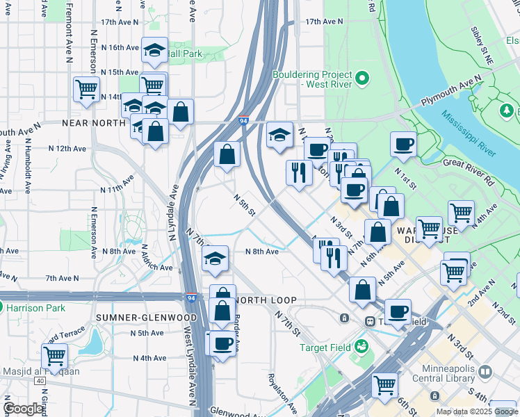 map of restaurants, bars, coffee shops, grocery stores, and more near 427 North 10th Avenue in Minneapolis