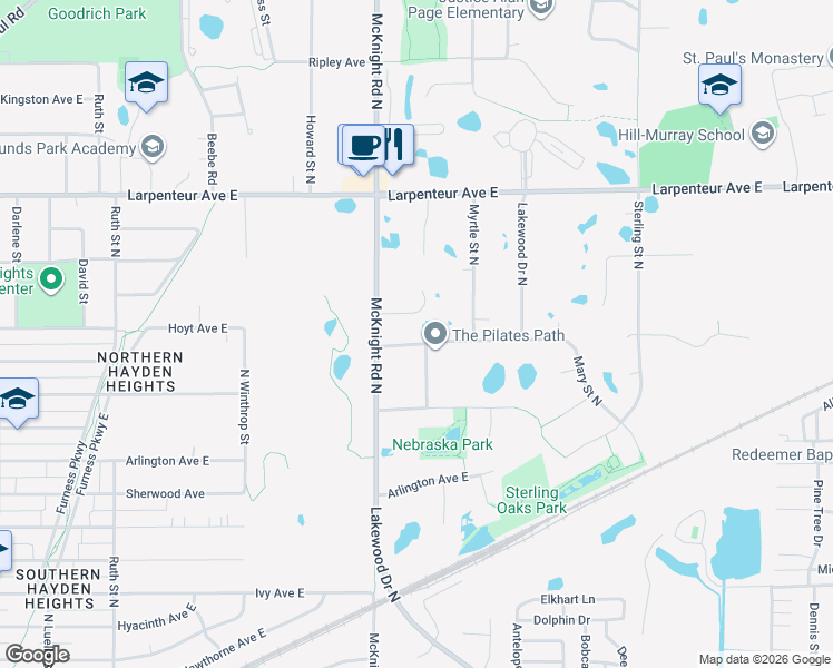 map of restaurants, bars, coffee shops, grocery stores, and more near 2317 Montana Avenue East in Maplewood