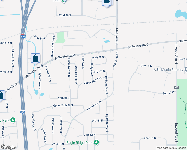 map of restaurants, bars, coffee shops, grocery stores, and more near 7856 Upper 26th Street North in Oakdale
