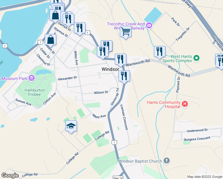 map of restaurants, bars, coffee shops, grocery stores, and more near 574 Wilson Street in Windsor