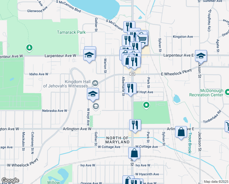 map of restaurants, bars, coffee shops, grocery stores, and more near N Woodbridge St & W Hoyt Ave in Saint Paul