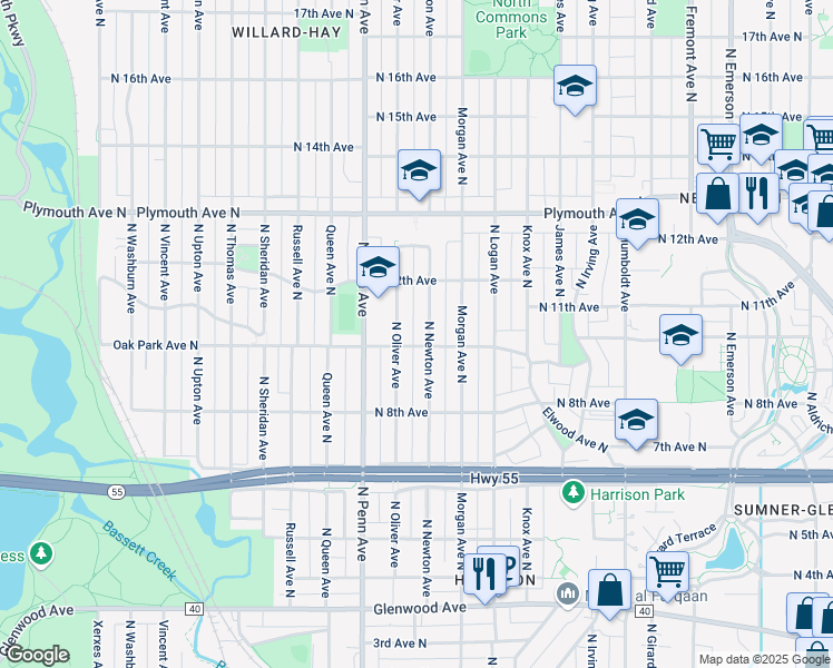 map of restaurants, bars, coffee shops, grocery stores, and more near 1001 North Newton Avenue in Minneapolis