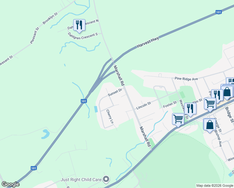 map of restaurants, bars, coffee shops, grocery stores, and more near 19 Sunset Drive in Kingston