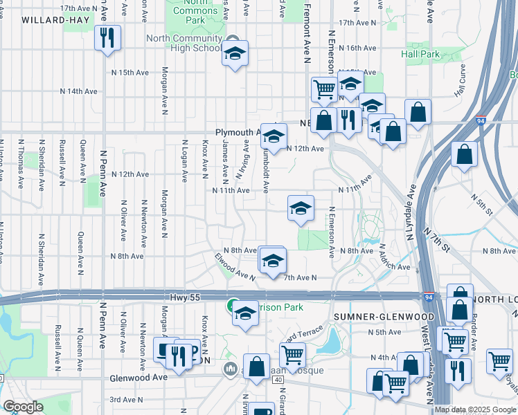 map of restaurants, bars, coffee shops, grocery stores, and more near 1414 Barnes Place in Minneapolis