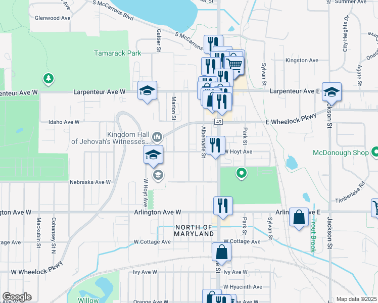 map of restaurants, bars, coffee shops, grocery stores, and more near 1552 North Woodbridge Street in Saint Paul