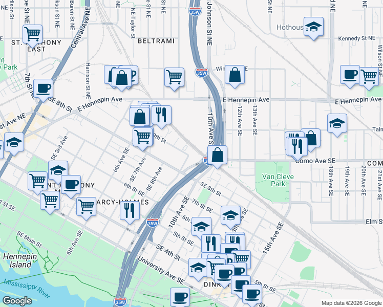 map of restaurants, bars, coffee shops, grocery stores, and more near 816 Southeast 9th Avenue in Minneapolis