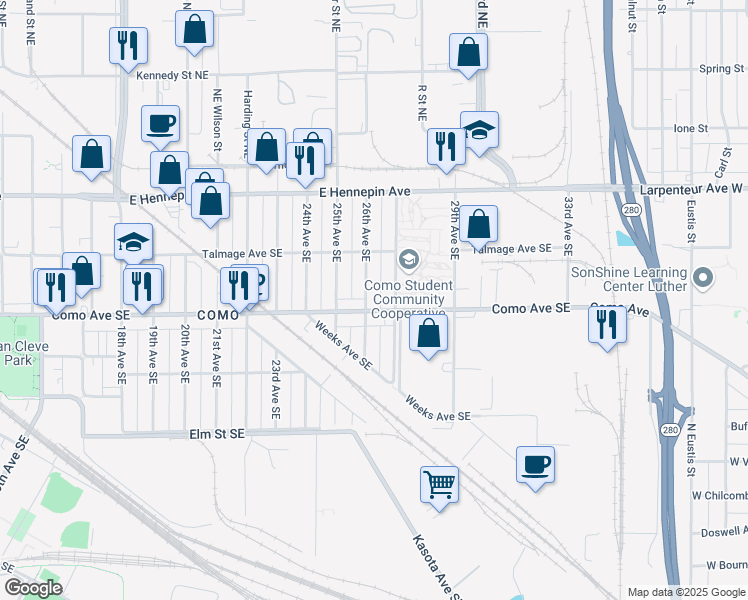 map of restaurants, bars, coffee shops, grocery stores, and more near 2608 Como Avenue Southeast in Minneapolis