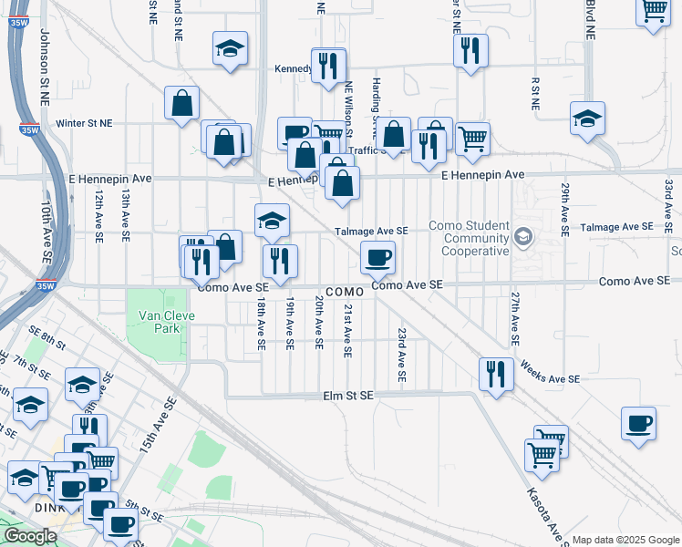 map of restaurants, bars, coffee shops, grocery stores, and more near in Minneapolis