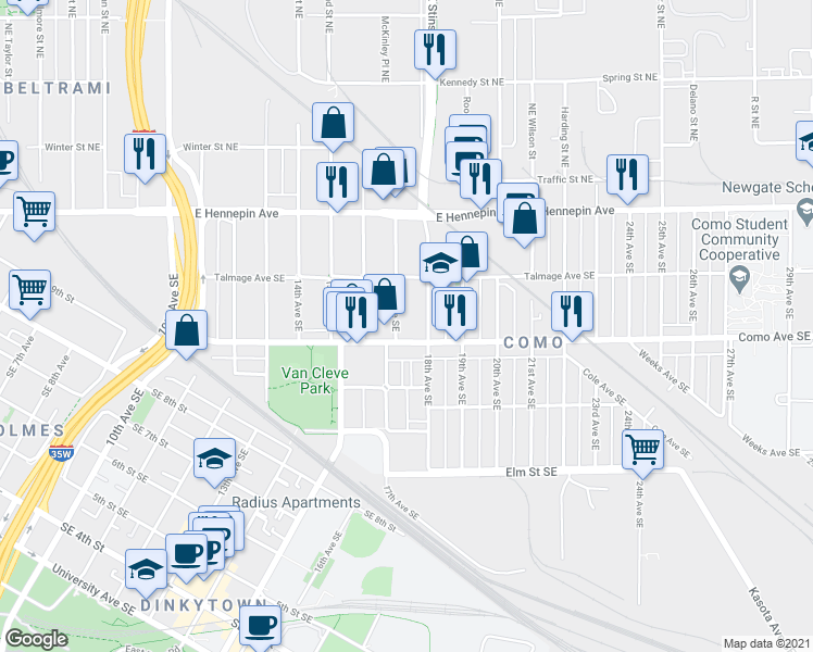 map of restaurants, bars, coffee shops, grocery stores, and more near 1703 Como Avenue Southeast in Minneapolis
