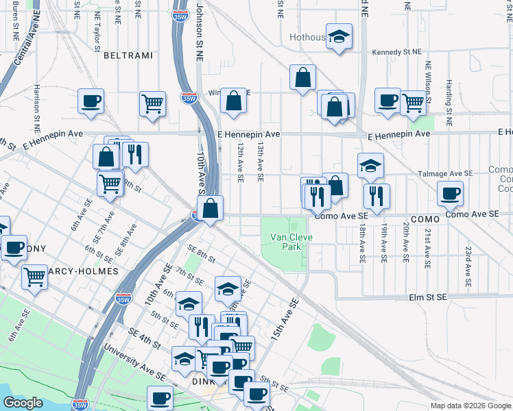map of restaurants, bars, coffee shops, grocery stores, and more near 1201 Como Avenue Southeast in Minneapolis