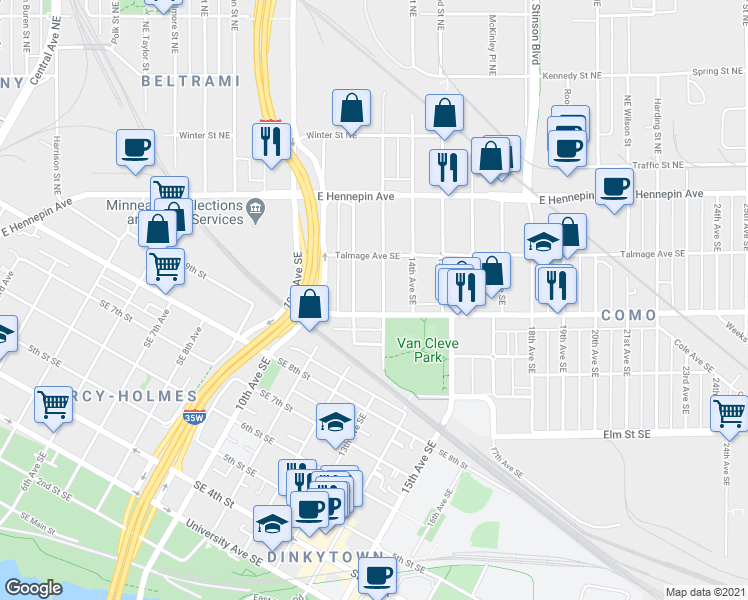 map of restaurants, bars, coffee shops, grocery stores, and more near 1201 Como Avenue Southeast in Minneapolis