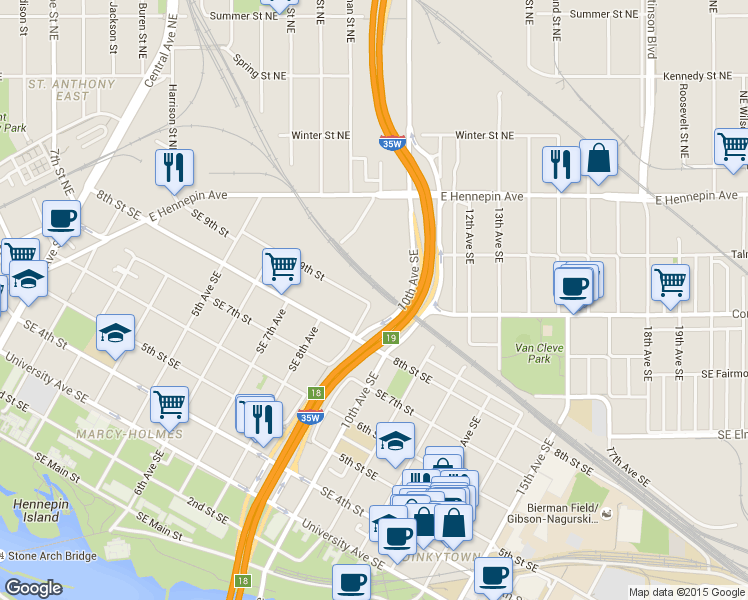 map of restaurants, bars, coffee shops, grocery stores, and more near 816 Southeast 9th Avenue in Minneapolis
