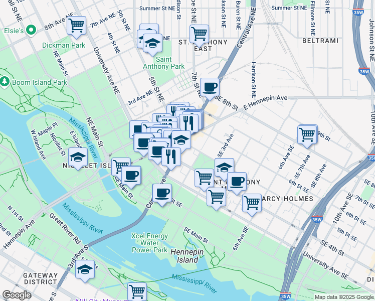 map of restaurants, bars, coffee shops, grocery stores, and more near 400 Central Avenue Southeast in Minneapolis